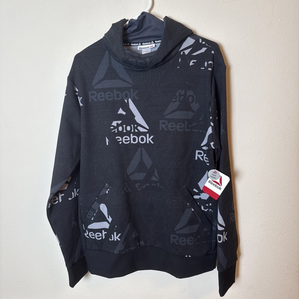 Reebok Hoodie Men's Small NWT Black Gray Logo Pullover Hooded Sweatshirt